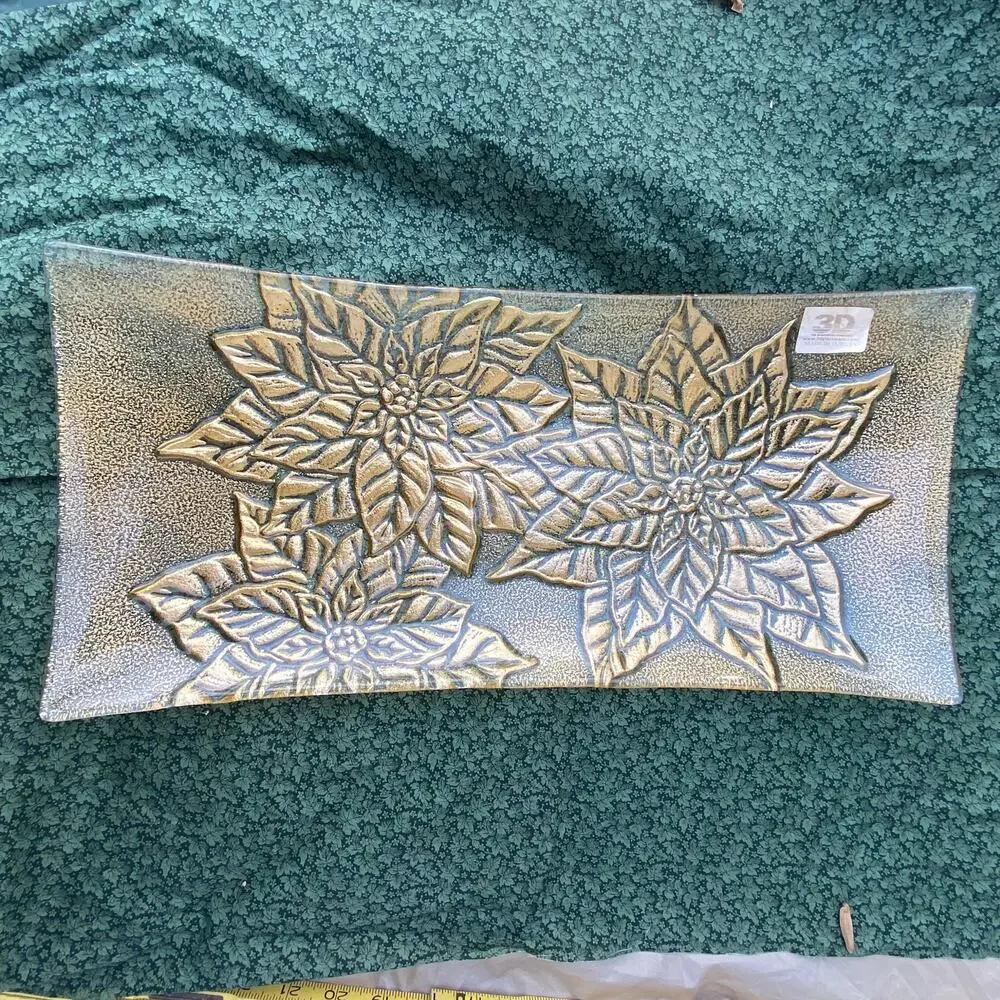 3dglassware Clear Curved Glass‎ Tray w/ Raised Gold Poinsettia MINT COND.